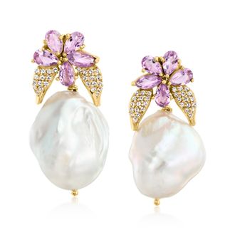 Ross-Simons 12-15mm Cultured Baroque Pearl and Amethyst Floral Drop Earrings With. White Topaz in 18kt Gold Over Sterling