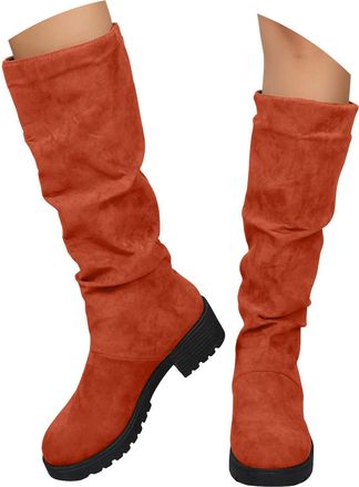 Generic Women Suede Knee High Boots 2025 Winter Fashion Solid Color Slouch Ruched Wide Calf Round Toe Comfort Non Slip Long Booties Casual Comfortable Chunky 