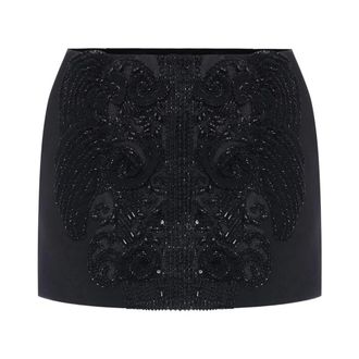 Elisabetta Franchi Dubbellaags Cr&ecirc;pe Minirok Met Kristallen - Dames - Rokken - Zwart - Maat: XL Spandex