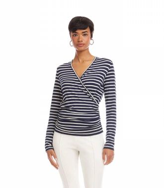 Karen Kane Long Sleeve Stripe Side-Shirred Crossover Top In Navy