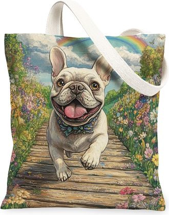 Generic Spring French Bulldog Dog Canvas Tote Bag for Shopping 13x15, Country Garden Puppy Reusable Grocery Print Pattern Bag for Women, Fun Flower Pet Beach 