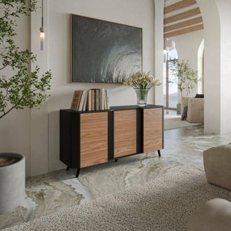 Dmora Aparador Loreo, Aparador De Sal&oacute;n Con Tres Puertas Batientes Y Compartimentos Interiores, Elevado Del Suelo, 151x42 H70 Cm, Negro Y Nogal