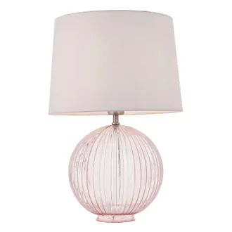 Loops Table Lamp Dusky Pink Ribbed Glass & Vintage White Linen 40W E27 GLS