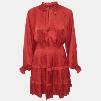 Maje Red Fluid Pleated Satin Ruffle Mini Dress