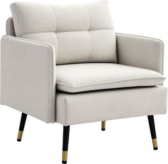 OEM Sill&oacute;n De Sal&oacute;n Moderno Tapizado En Lino Con Reposabrazos Asiento Acolchado Y Patas De Acero 76x68x80 Cm Crema