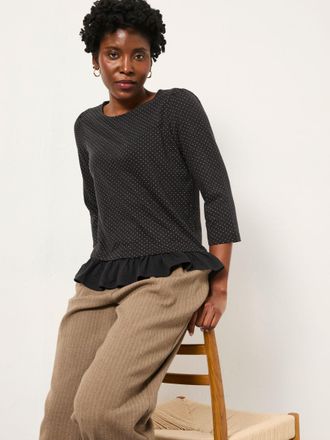 Fat Face FatFace Kai Black Pin Spot Peplum Round Neck Top