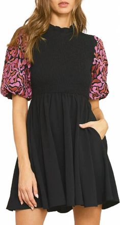 Entro Embroidered Puff Sleeve Dress In Black