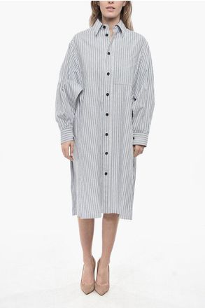 Bottega Veneta Cotton Shirt Dress with Balanced Striped Pattern and Cape Sl size 42