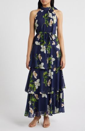 Julia Jordan Floral Tiered Gown in Navy Multi at Nordstrom, Size 10