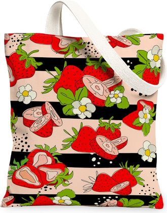 Generic Strawberry Floral Canvas Tote Bags, Fruit Plant Pattern Reusable Grocery Bags, Summer Vintage Fun Lightweight Washable Shou, Peach, 13x15 Inch