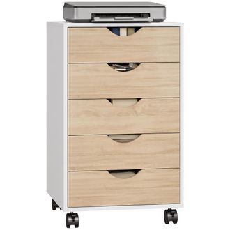 HOMCOM Homcom Cajonera Escritorio Con Ruedas, Cajonera Oficina Con 5 Cajones, Archivador M&oacute;vil, Para Estudio, Sal&oacute;n, 40x40x67 Cm, Blanco Y Natural