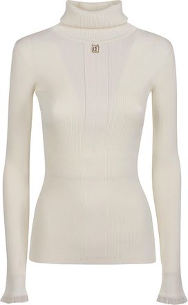 Elisabetta Franchi Ribbed Knit Turtleneck Sweater with Ruffled Cuffs and Emblem