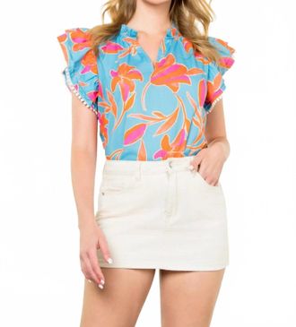 THML Clothing Flutter Sleeve Flower Print Top In Light Blue