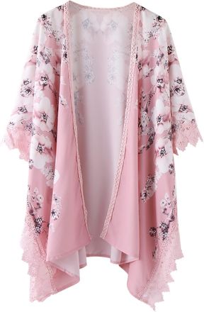 Generic Womens Floral Print Puff Sleeve Kimono Cardigan Loose Cover Up Casual Blouse Tops Mesh Shirt, pink, XXXL