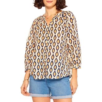 Nic+Zoe NIC+ZOE Falling Diamonds Top Womens Orange Diamond Print Split Neck FROG477