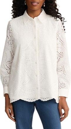 Jones New York Cotton Eyelet Button-Up Shirt in Natural White at Nordstrom, Size X-Large