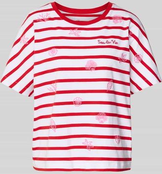 Oui T-Shirt mit Rundhalsausschnitt und Stitchings in Hellrot, Größe 34