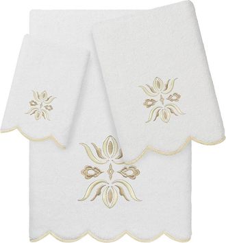 Linum Home Textiles 100% Turkish Cotton Flower Crest Scallop 3Pc Embellished Towel Set