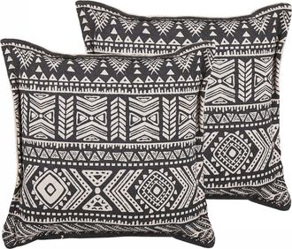 Beliani Conjunto De 2 Cojines Funda De Algod&oacute;n Negro Y Beige Con Relleno 45 X 45 Cm Decoraci&oacute;n Boho Sirvan