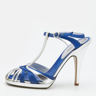 Roberto Cavalli Silver/blue Leather And Satin T-Strap Sandals