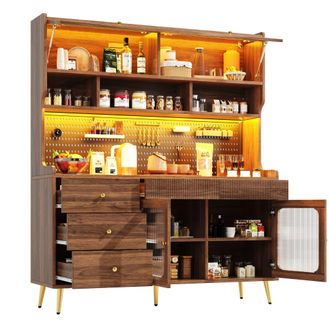 STILVORA Aparador Alto Con 1 Puerta Elevable Y Led, En Mdf Y Vidrio Acanalado, Para Cocina Y Sal&oacute;n, 145x39x171 Cm, Nogal