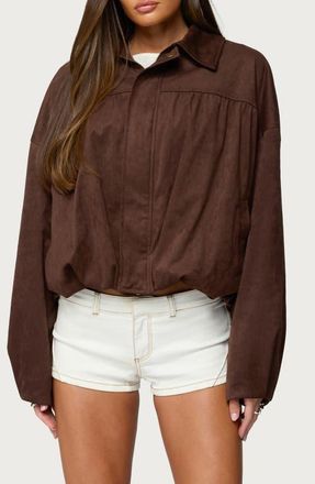 Edikted Alberta Bubble Hem Faux Suede Jacket in Dark-Brown at Nordstrom, Size X-Small