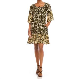 Karen Kane Felixa Contrast Ruffle Hem Dress In Floral Print Black And Golden Yellow