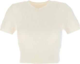 Maison Margiela Geribbelde V-hals Gebreide Top - Dames - V-hals truien - Wit - S - Nylon - Truien & Vesten
