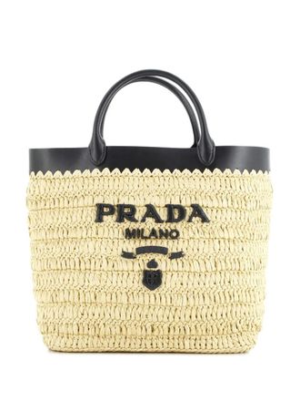 Prada Logo Shopping Raffia and Leather Small tote bag - Toni neutri