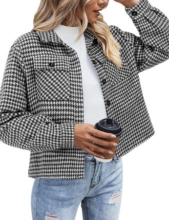 Zeagoo Womens Flannel Jacket Checked Long Sleeve Short Jacket Lapel Button-Down Shacket Coat, Black 275, M