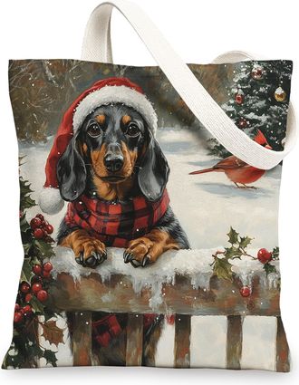Generic Christmas Dachshund Dog Canvas Tote Bag for Shopping 13x15, Xmas Farmhouse Cardinal Puppy Reusable Grocery Print Bag for Women, Holiday Pet Beach Aest