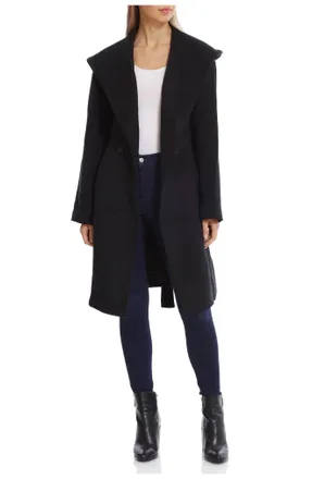 Avec Les Filles Womens Double Breasted Belted Wool Blend Coat with Hood