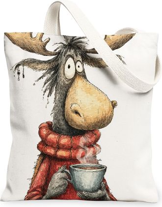Generic Fanciful Moose Canvas Tote Bags, Vintage Animal Design Reusable Grocery Bags, Winter Holiday Lightweight Washable Shoulder, White, 13x15 Inch