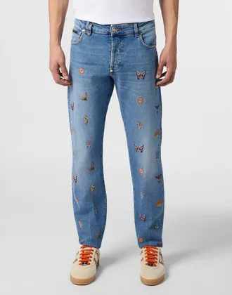 Philipp Plein Embroidered Super Straight Cut Jeans Men in Mykonos at Nordstrom, Size 34