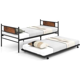 Costway Metal Daybed with Pull-out Trundle Single Sofa Guest Bed w/Headboard