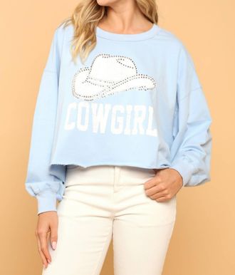 Peach Love California Cowgirl Cropped Rhinestone Sweatshirt In Baby Blue