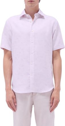 Bugatchi Orson Palm Tree Pattern Solid Short Sleeve Cotton & Linen Button-Up Shirt in Dusty Pink at Nordstrom, Size Xxx-Large