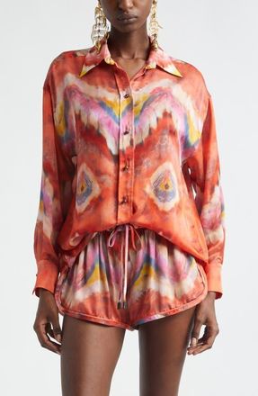 Zimmermann Kindred Spirit Alchemy Relaxed Silk Satin Button-Up Shirt in Ruby Tie Dye at Nordstrom, Size 0P