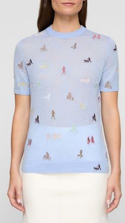 Lafayette 148 New York New York Embroidered Cashmere Sweater in Skyline Blue Multi at Nordstrom, Size X-Large