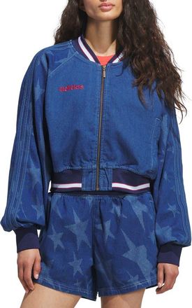 adidas Originals SST Denim Graphic Varsity Bomber Jacket in Medium Blue Denim at Nordstrom, Size X-Small