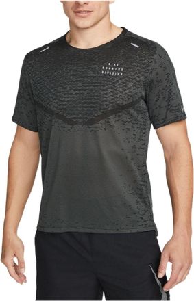 Nike Mens Nike Reflective Printing Solid Color Short Sleeve Running Black T-Shirt DM4766-010