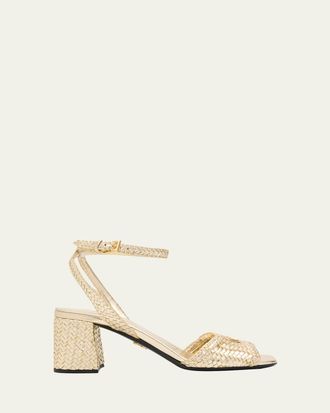 Prada 65mm Madras Woven Metallic Leather Ankle-Strap Sandals