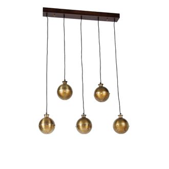 QAZQA Industrial L&aacute;mpara Colgante Industrial Bronce Con Madera 5 Luces - Haicha /acero Alargada /esfera Adecuado Para Led Max. 5 X 25 Watt - Qazqa