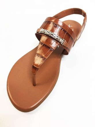 Brighton Annie Luggage Croc Flat Thong Leather Sandal In Luggage Tan