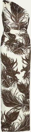 Oscar De La Renta Feather-Print One-Shoulder Sleeveless Gown
