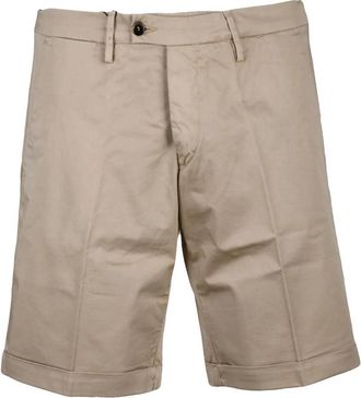 Bro-Ship Beige Flat Waist Cuffed Hem Stretch Cotton Shorts
