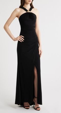 Eliza J Halter Neck Ruched Mermaid Gown in Black at Nordstrom, Size 14