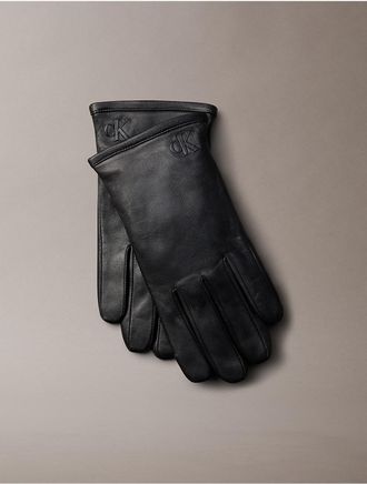 Calvin Klein Mens Leather Monogram Logo Gloves - Black - XL