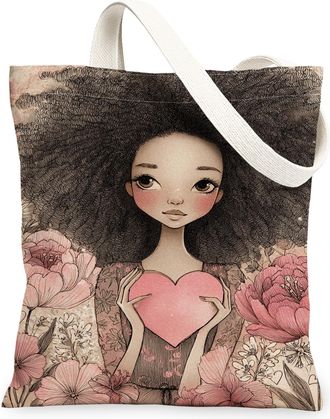 Generic Artistic Floral Canvas Tote Bags, Vintage Flower Pattern Reusable Grocery Bags, Lightweight Washable Shoulder Strap Canvas, Peach, 13x15 Inch