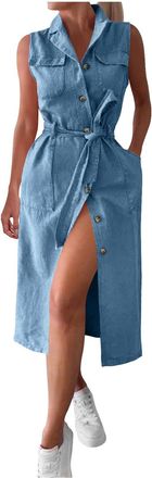 Generic Sleeveless Denim Belted Dress for Women UK, Casual Slim-Fit Button V-Neck Midi Dresses with Collar & Pockets, Summer Blue Jean Shirt Dresses Ladies Co